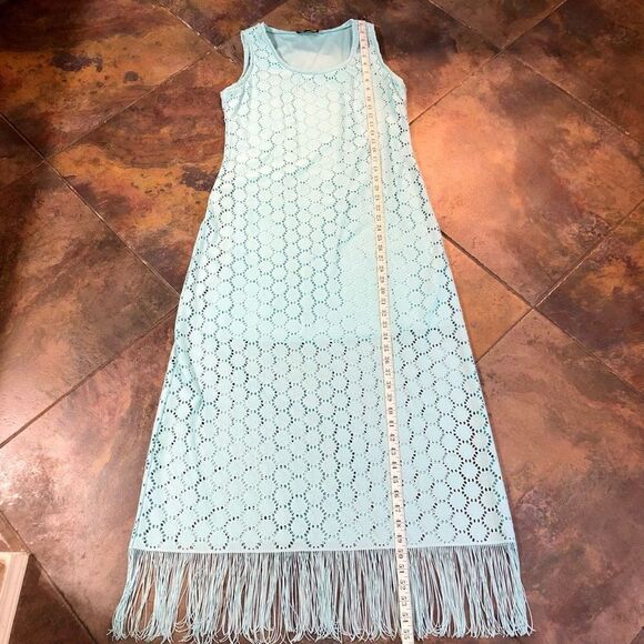 Melissa Paige Crochet Lace Maxi Sea Foam Teal Fringe on Bottom Medium - Picture 8 of 14